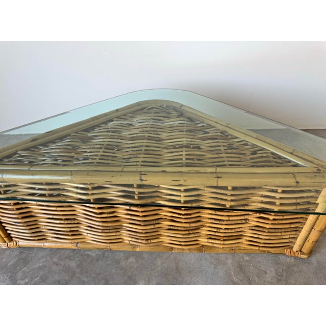 Brown Vintage Coastal Rattan Triangular Coffee Table With Glass Top/ Sold For Sale - Image 8 of 12