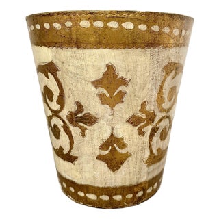 Vintage Italian Florentine Waste Basket, Bin in Antique White and Gold in the Hollywood Regency Style For Sale