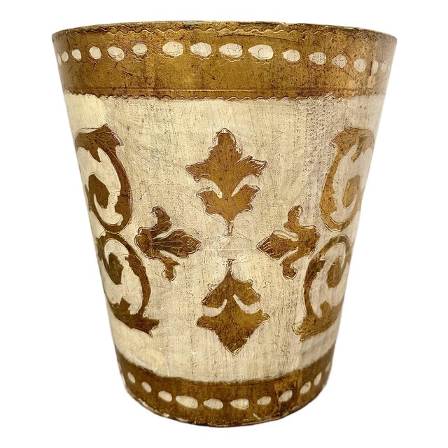 Vintage Italian Florentine Waste Basket, Bin in Antique White and Gold in the Hollywood Regency Style For Sale
