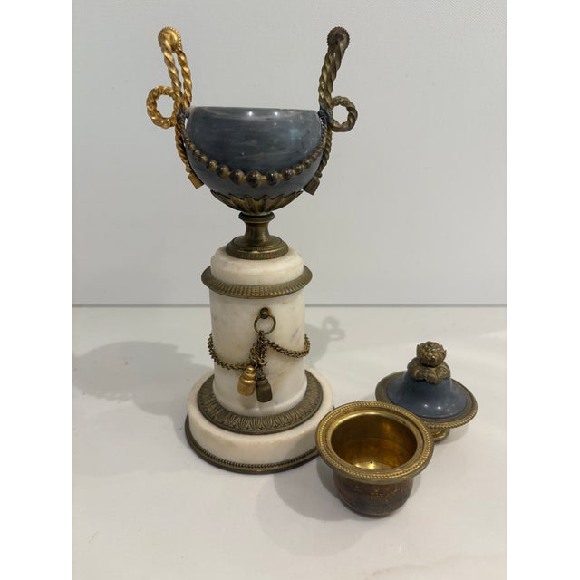 Lovely antique French Louis XVI-style ormolu-mounted grey and white marble cassolette featuring a removable lid and ornate...