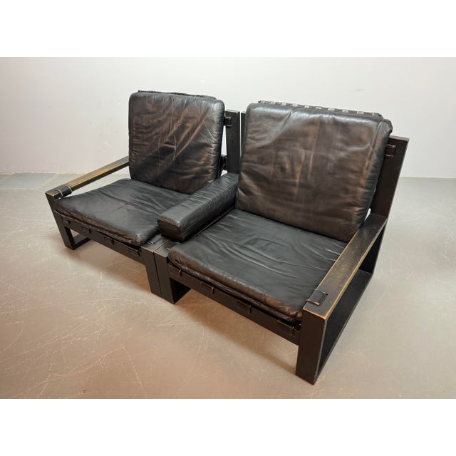 Mid-Century Brutalist Black Leather Lounge Chairs with Black Wooden Frames by Sonja Wasseur, Netherlands, 1970s, Set of 2 For Sale - Image 9 of 14