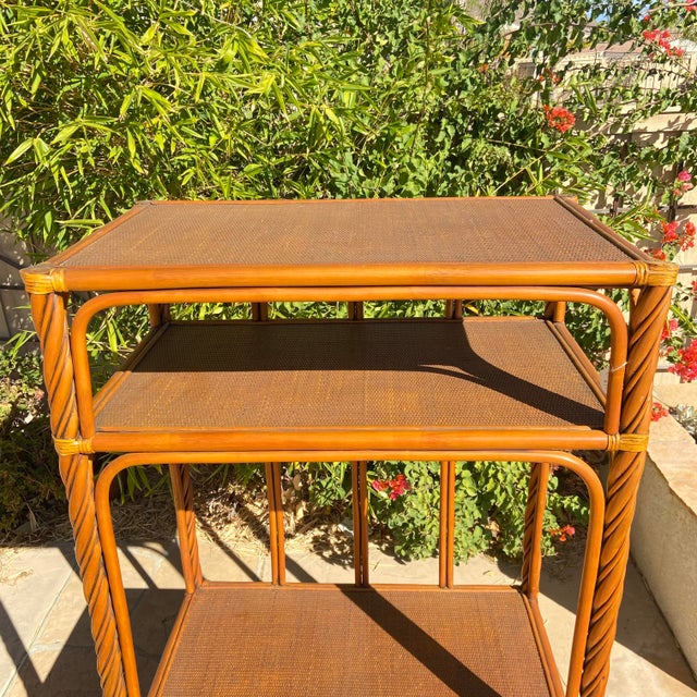 Vintage Boho Chic Brown 3 Tier Rattan Etagere For Sale - Image 4 of 8