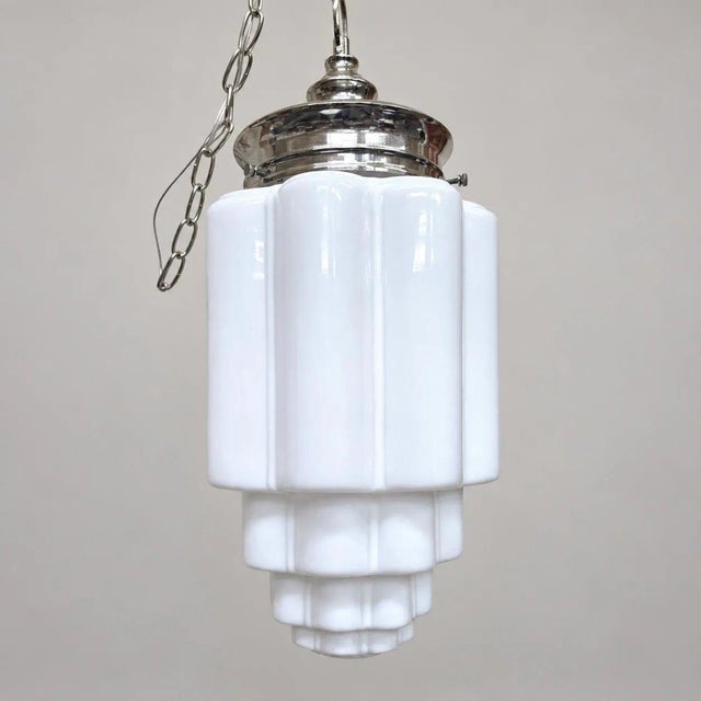 1920s Art Deco Skyscraper Milk Glass Pendant Light, Large Hardwired Ceiling Fixture New Wiring For Sale - Image 10 of 16