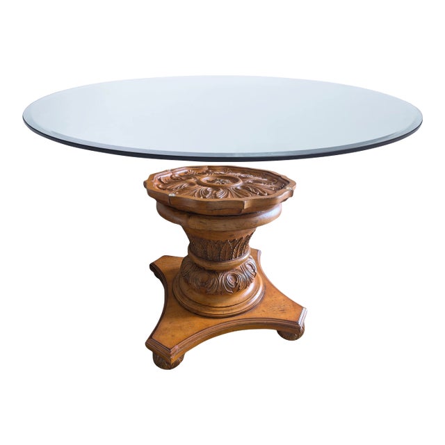 Round Glass Top Coffee Table With Hand Carved Wood Pedestal Base For Sale