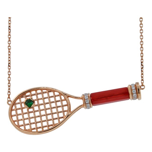 Tennis Racket Red Carnelian Handle Green Emerald Tennis Ball Jewelry 18 Karat For Sale