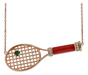 Tennis Racket Red Carnelian Handle Green Emerald Tennis Ball Jewelry 18 Karat