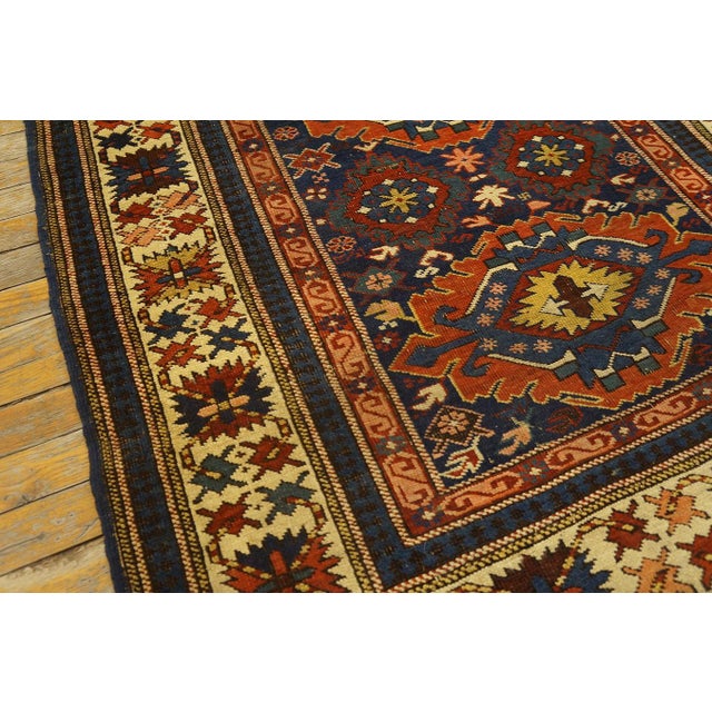 1890s Blue Navy Geometric Tribal Caucasian Kuba Rug 3'9" X 5'3" Wool Handknotted Carpet For Sale In New York - Image 6 of 6