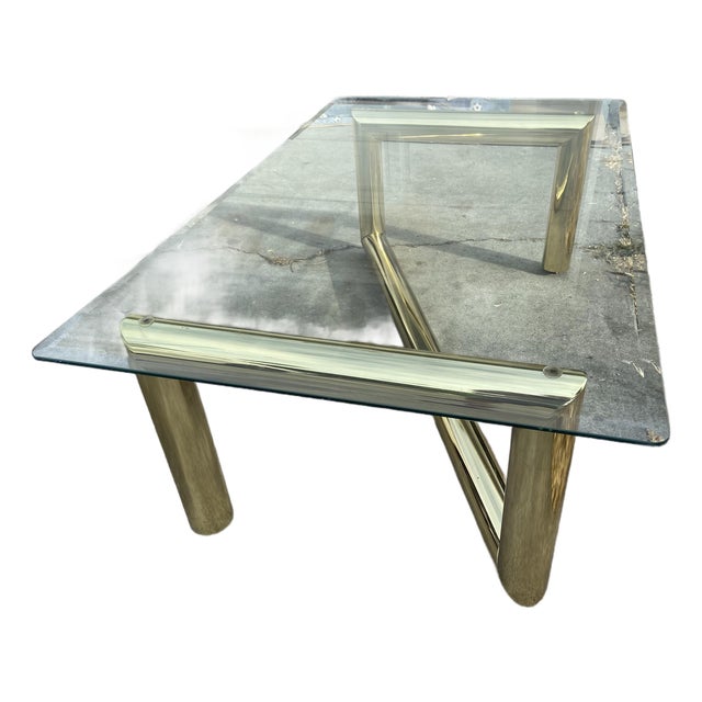1970s Attributed to Karl Springer Hollywood Regency Style MCM Brass Tubular Coffee Glass Table For Sale