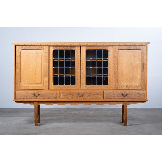 Gold Brutalist Oak Sideboard attributed to Henning Kjærnulf, Denmark, 1960s For Sale - Image 8 of 12