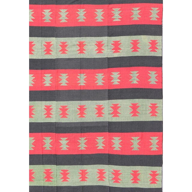 Vintage Turkish Kilim rug with tribal shapes and horizontal stripes in red and green, rug emd-3428, country of origin /...