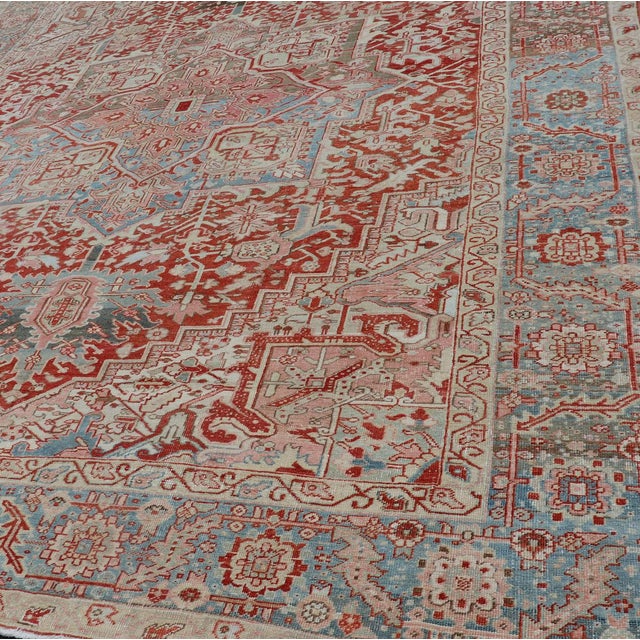 Red Antique Persian Heriz Rug With Central Medallion in Red and Blue 9'7 X 12'10 For Sale - Image 8 of 16