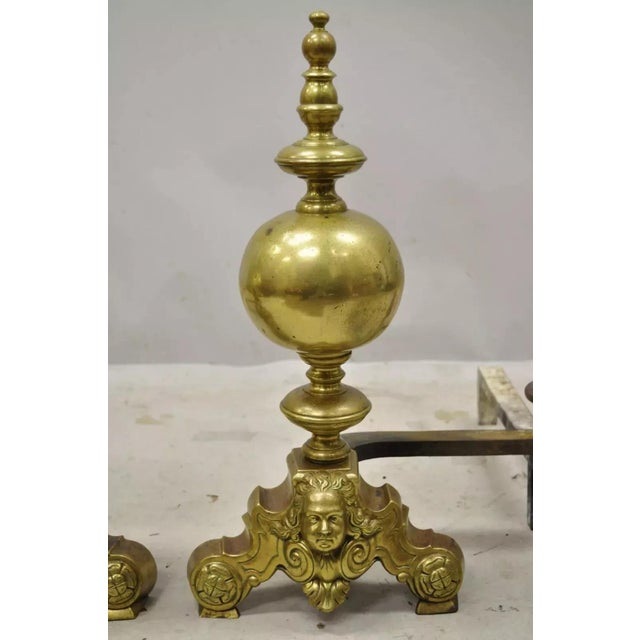 Vintage Beethoven Face French Rococo Brass Cannonball Fireplace Andirons - Pair For Sale - Image 12 of 12