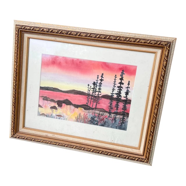 Framed Pink Toned Watercolor Landscape Painting For Sale