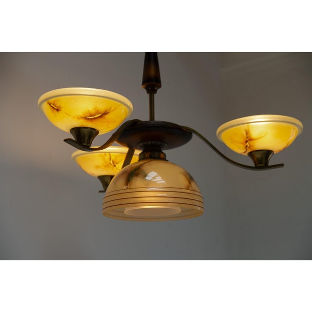 Art Deco Danish Brass Chandelier with Marbled Opaline Shades, 1930s. For Sale - Image 6 of 18