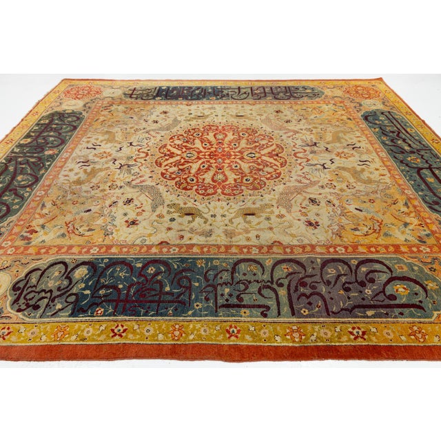Tan 19th Century Antique Indian Agra Hunting Rug With Persian Calligraphy Border For Sale - Image 8 of 11