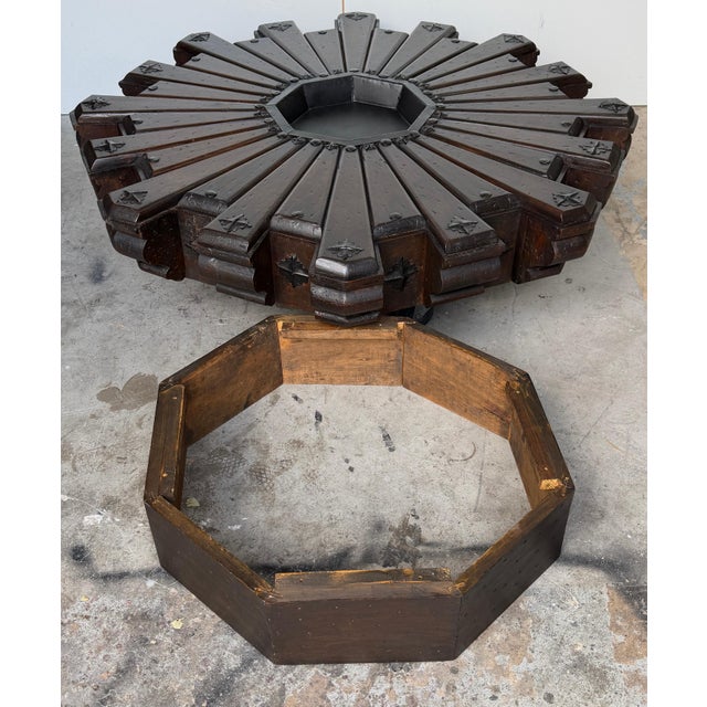 Brown Monumental 1960s Spanish Colonial Sunburst Brazier Table & Wrought Iron Mounts For Sale - Image 8 of 16