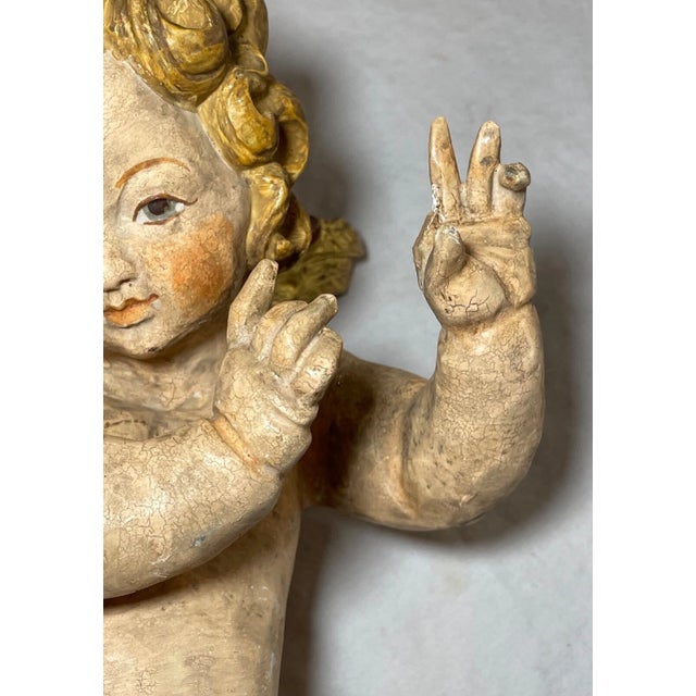 Antique 1800's Hand Carved Gilt Wood Religious Winged Cherub Sculpture Statue For Sale In New York - Image 6 of 15