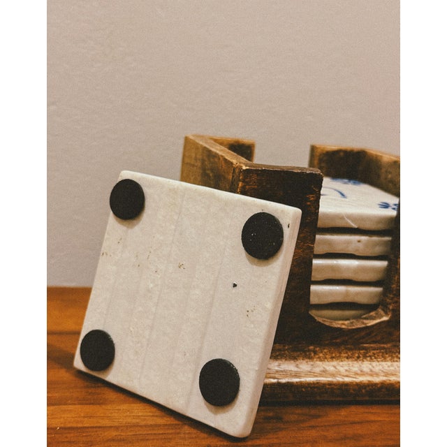 1960s Portuguese Painted Faience Coasters with Wooden Stand, 1960s, Set of 7 For Sale - Image 5 of 8