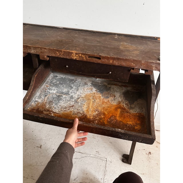 1900 - 1909 Antique Distressed Industrial Work Table or Console Leiman Brothers For Sale - Image 5 of 12