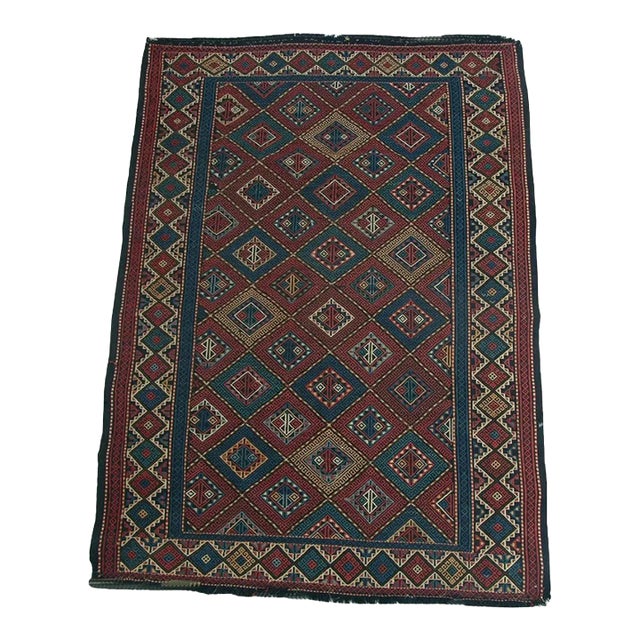 1920 Antique Geometric Sumak Flat Weave Rug For Sale