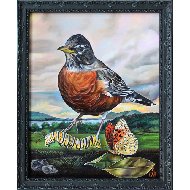 Delicate Feast presents a whimsical scene where a plump robin stands prominently, juxtaposed with a vibrant caterpillar...