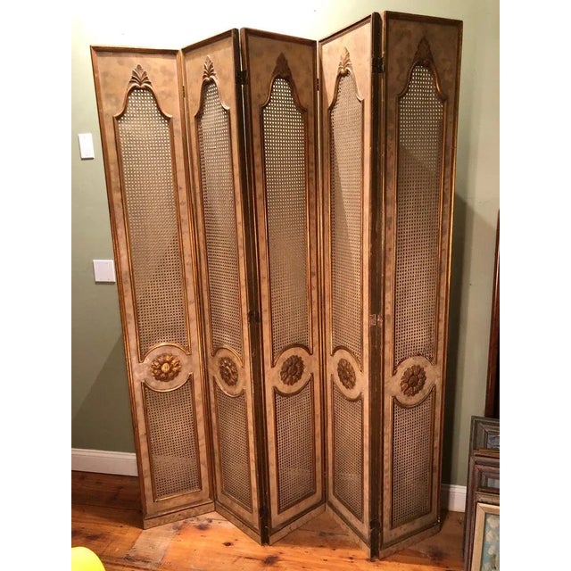 Brown 1950s French Five-Paneled Gilt Folding Screen For Sale - Image 8 of 13
