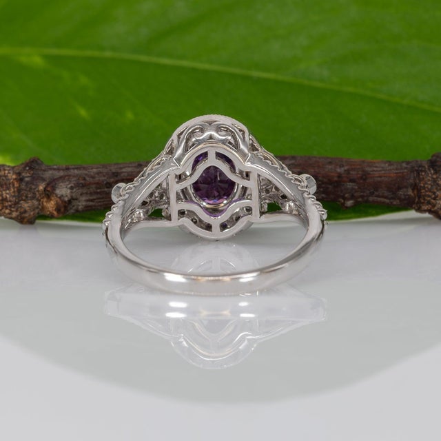 1.6Ct Purple Sapphire Ring With Natural Diamond Halo: Solid 14k Gold, Size 6.75 For Sale - Image 9 of 11