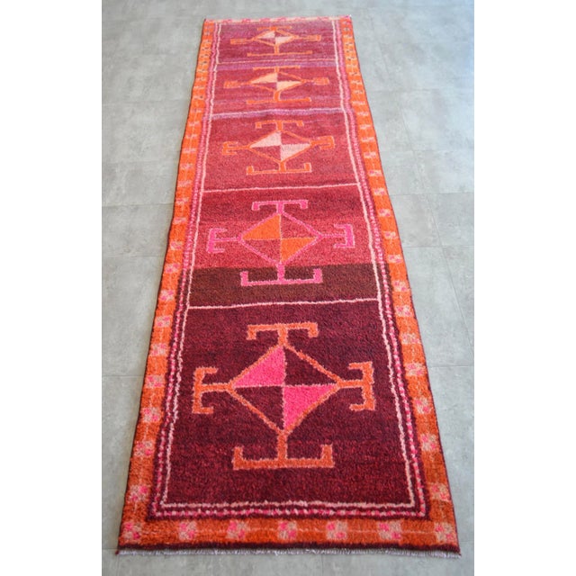Rococo Hand-Knotted Turkish Runner Rug . One of a Kind Hallway Kitchen Decor 2′9″ × 9′9″ For Sale - Image 3 of 11