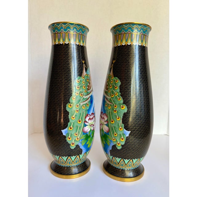 Pair of Asian Cloisonné Peacock and Peony Vases For Sale In Los Angeles - Image 6 of 12