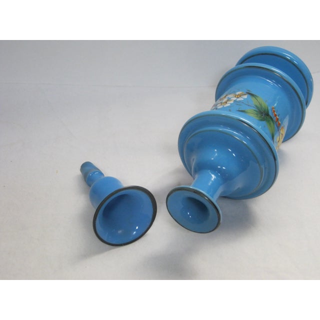 Aqua Antique French Hand Painted Blue Opaline Decanter For Sale - Image 8 of 10