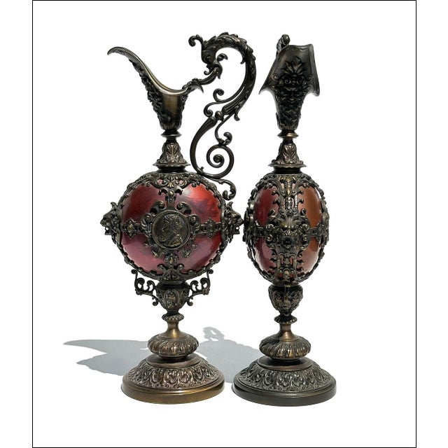 19thC Antique Ornate Brass Commemorative European Decorative Ewers-Set of Two For Sale - Image 4 of 10