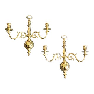 Vintage Brass Double Taper Candle Holder Wall Sconce Set of 2 For Sale