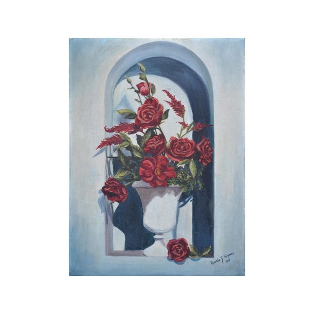 1940s Tromp l'Oeil Still Life Rose and Amaranth in Alcove by Riverda Kapunas For Sale
