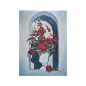 1940s Tromp l'Oeil Still Life Rose and Amaranth in Alcove by Riverda Kapunas