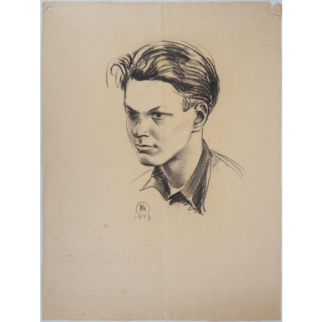 Ecole du XXe Jeune garçon, 1953 Charcoal Drawing Signed with the monogram EM On vellum paper Canson &amp; Montgolfier 47.5...