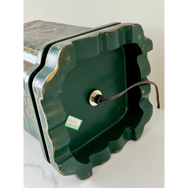 Dark Green Vintage Chinoiserie Table Lamp Tea Canister Shape Green and Brass Lacquer For Sale - Image 8 of 12