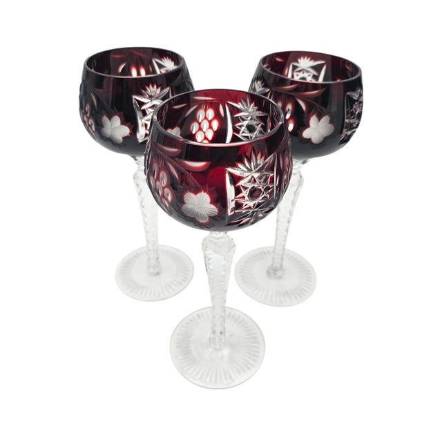 Victorian Late 20th Century Ajka Marsala Ruby Overlay Hand-Cut Crystal Hock Wine Goblet, Hungary 8" - Set of 3 For Sale - Image 3 of 10