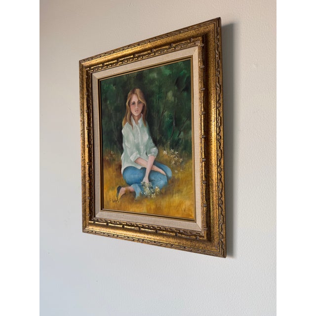 1970s 1970s Vintage E. Weight Portrait of a Girl in Landscape Oil on Canvas Painting, Framed For Sale - Image 5 of 12