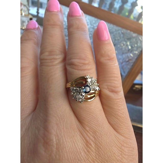 Vintage 14k Gold Blue Sapphire and 0.50 Carats Diamond Cluster Ring, Size 7 For Sale - Image 4 of 6