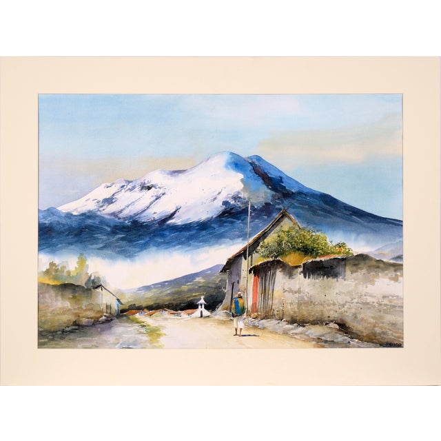 Lush watercolor landscape by unknown artist Erazo (20th Century). In a small village, a lone figure walks down the street,...