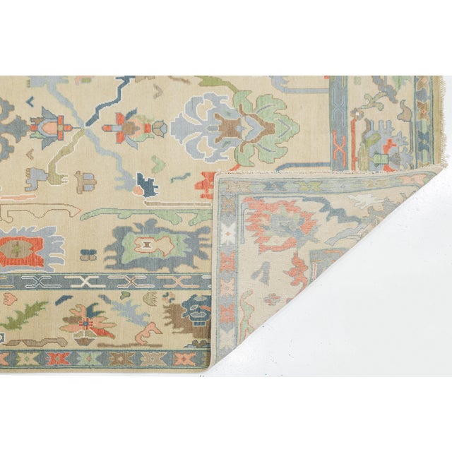 Modern Modern Hand-Knotted Oushak Style Wool Area Rug in Pastel Palette and Soft Beige For Sale - Image 3 of 12