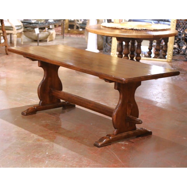 19th C. French Elm Refectory Farm Table With Trestle Base and Cross Stretcher For Sale In Dallas - Image 6 of 11
