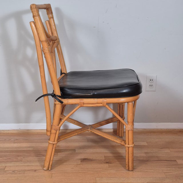 Brown 1970s Chinese Chippendale Rattan Side Chair Desk Accent Chair W/ Black Faux Leather Cushion For Sale - Image 8 of 10