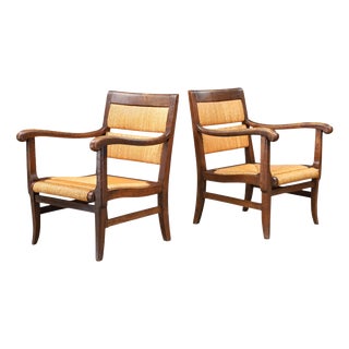 French Lounge Chairs in Oak and Rush, 1950s, Set of 2 For Sale