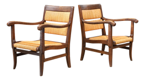 French Lounge Chairs in Oak and Rush, 1950s, Set of 2