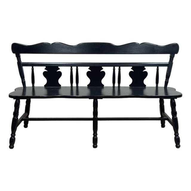 Vintage Black Early American Style Carved Wood Bench For Sale
