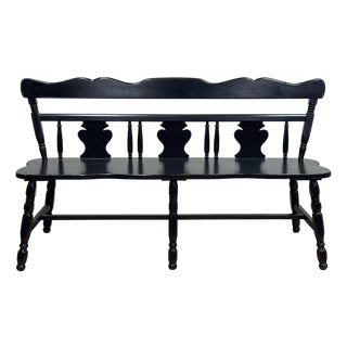 Vintage Early American Style Black Carved Wood Bench For Sale