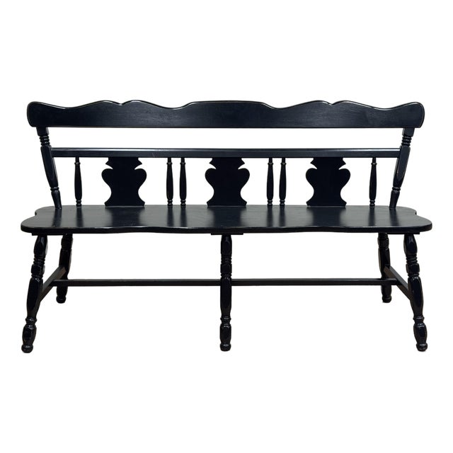 Vintage Early American Style Black Carved Wood Bench For Sale
