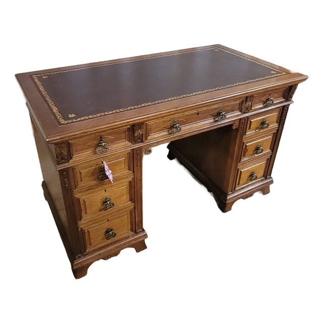 Antique English Oak Leather Top Pedestal Desk With Acanthus Leaf Carvings For Sale