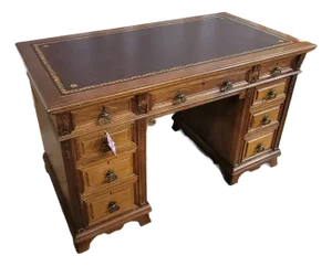 Antique English Oak Leather Top Pedestal Desk With Acanthus Leaf Carvings